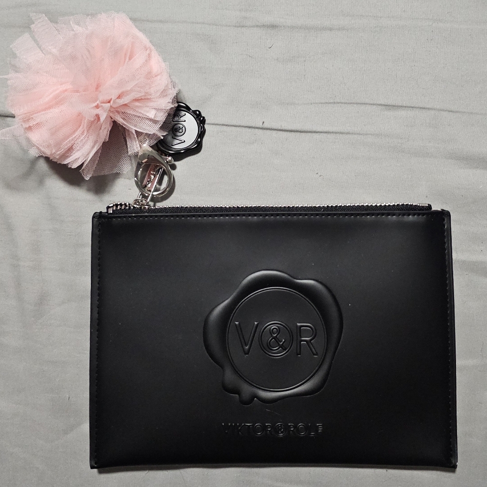 Viktor & Rolf Black Embossed Wristlet with Pink Tulle Pom